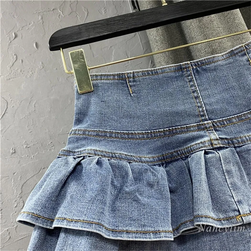Women's Button Front Layered Ruffles Denim Skirt with High Waist Summer Y2K Pleated Mini Skirt