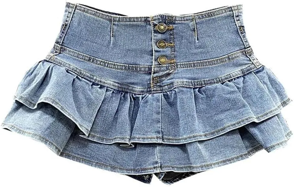 Women's Button Front Layered Ruffles Denim Skirt with High Waist Summer Y2K Pleated Mini Skirt