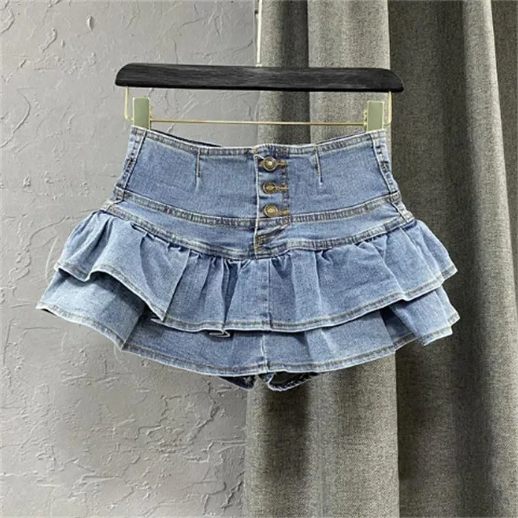 Women's Button Front Layered Ruffles Denim Skirt with High Waist Summer Y2K Pleated Mini Skirt