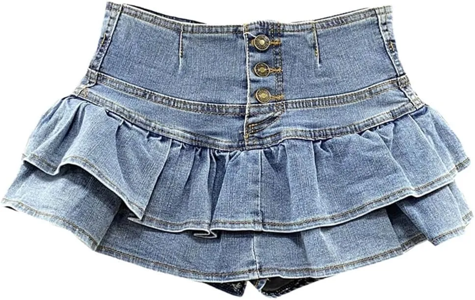 Women's Button Front Layered Ruffles Denim Skirt with High Waist Summer Y2K Pleated Mini Skirt
