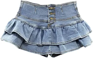 Women's Button Front Layered Ruffles Denim Skirt with High Waist Summer Y2K Pleated Mini Skirt