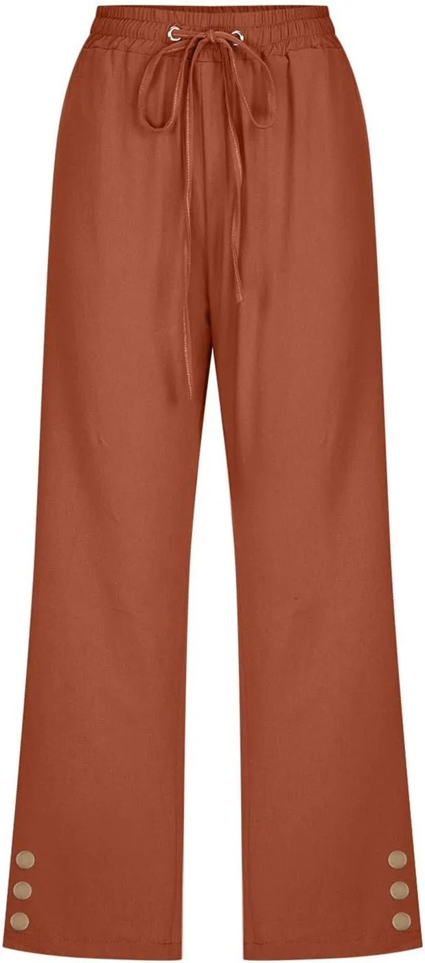 Womens Capris Pants Wide Leg Pants Drawstring Elastic Trousers Comfy Straight Leg Long Pants with Pockets Wide Leg