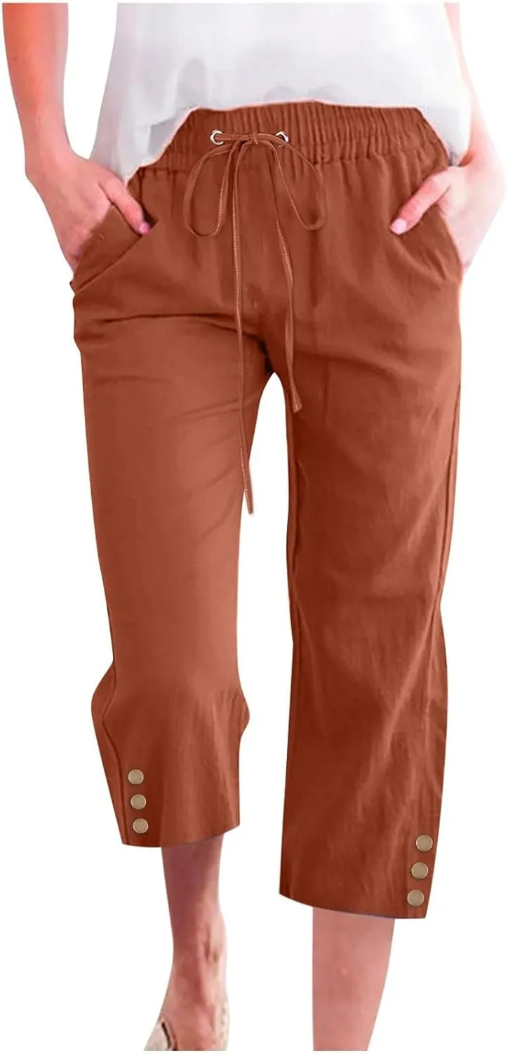 Womens Capris Pants Wide Leg Pants Drawstring Elastic Trousers Comfy Straight Leg Long Pants with Pockets Wide Leg