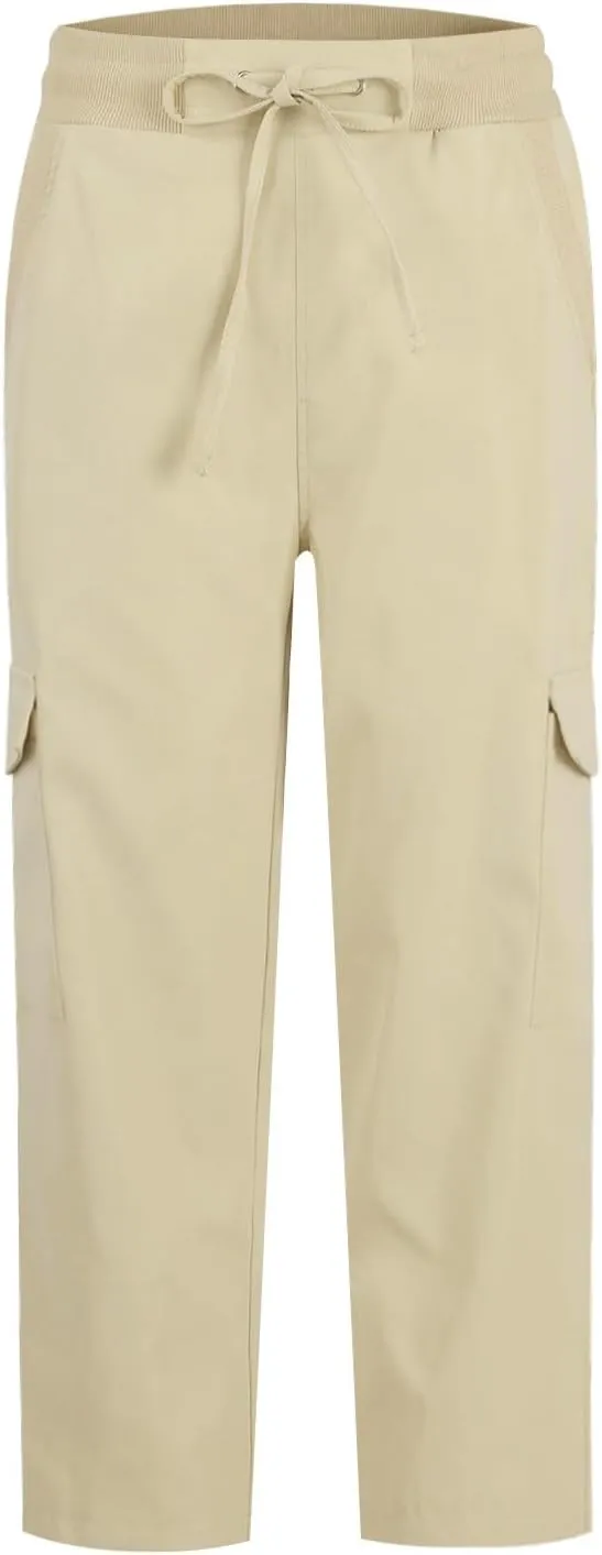 Womens Cargo Pants Casual Loose Hiking Pants Drawstring High Waisted Cropped Pants Trendy Cargo Joggers with Pockets