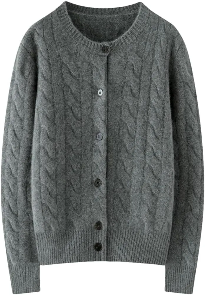 Women's Cashmere Sweater O-Neck Cable Knit Cardigan Knitwear Thickened Soft Coat Tops