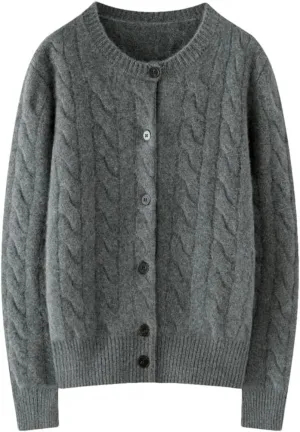Women's Cashmere Sweater O-Neck Cable Knit Cardigan Knitwear Thickened Soft Coat Tops