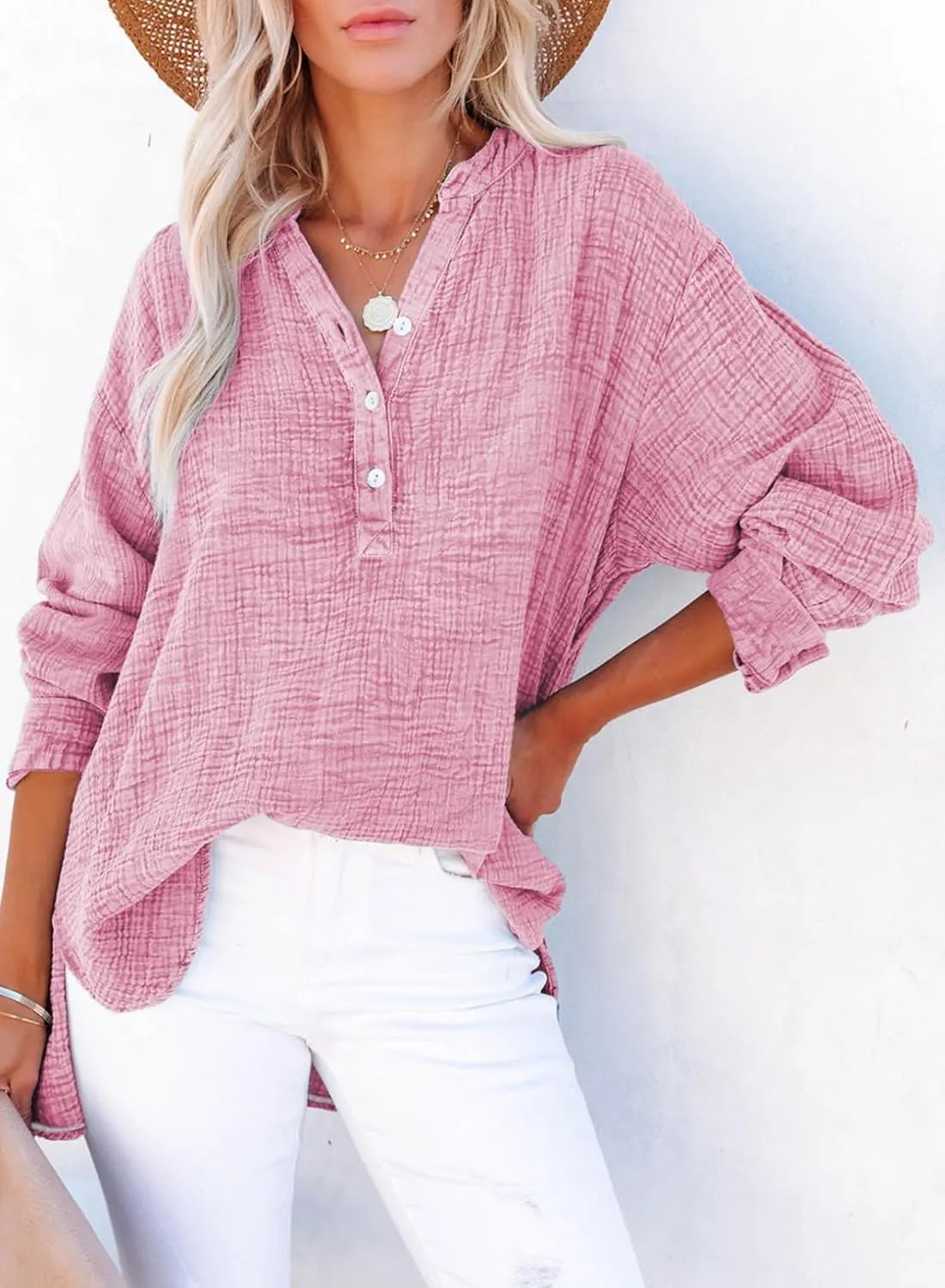 Womens Casual Button V Neck Long Sleeve Shirts Oversized Solid Blouses Tops