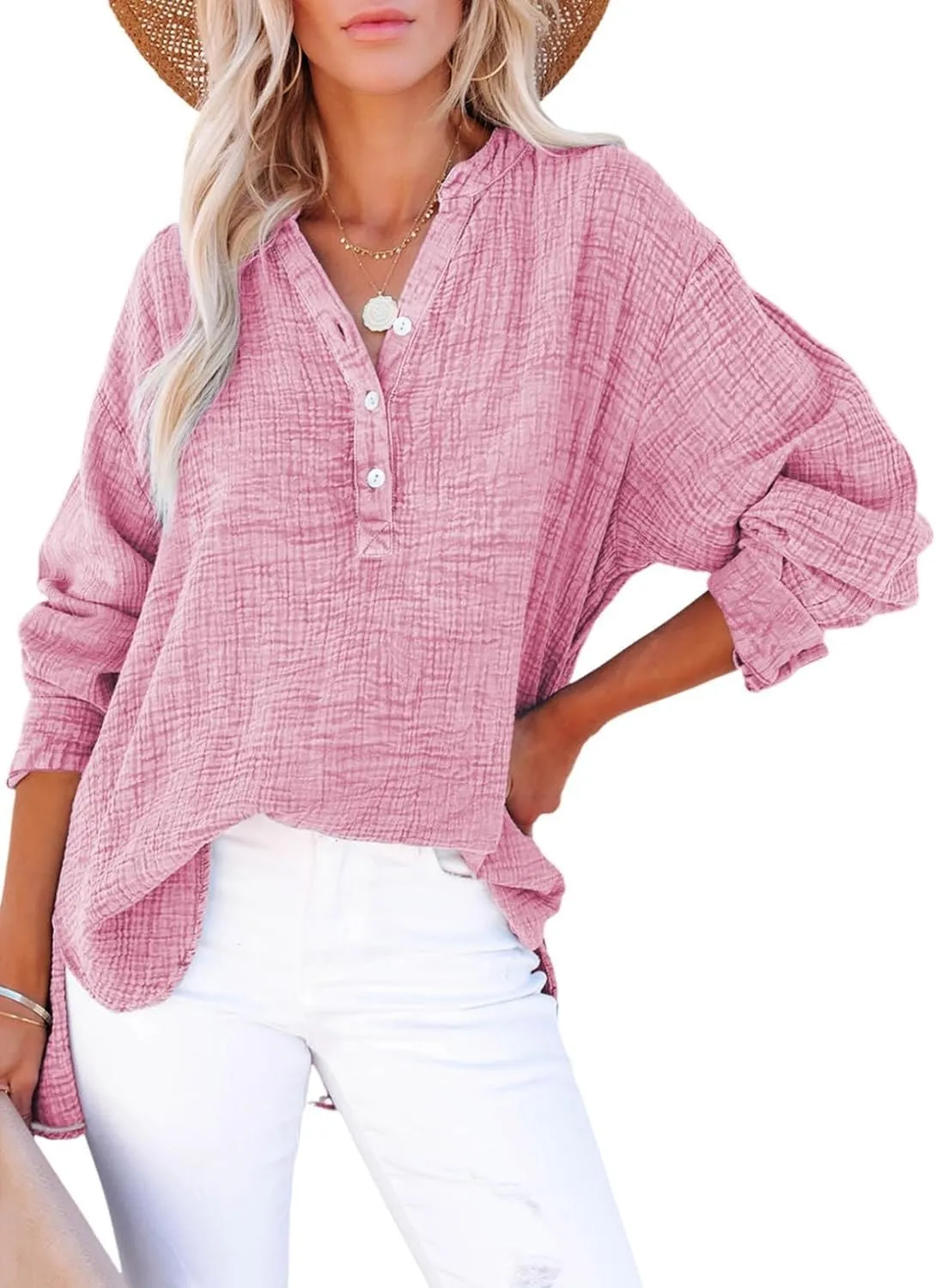 Womens Casual Button V Neck Long Sleeve Shirts Oversized Solid Blouses Tops