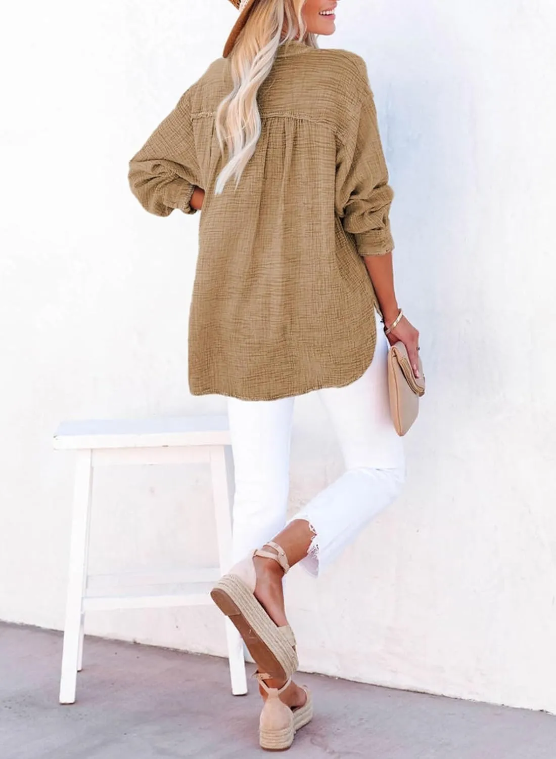 Womens Casual Button V Neck Long Sleeve Shirts Oversized Solid Blouses Tops