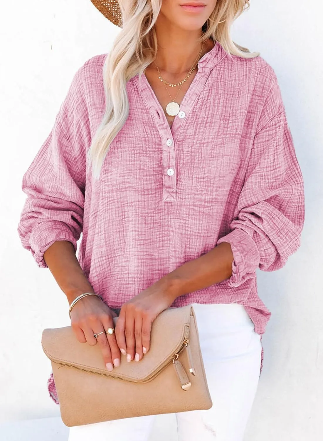 Womens Casual Button V Neck Long Sleeve Shirts Oversized Solid Blouses Tops