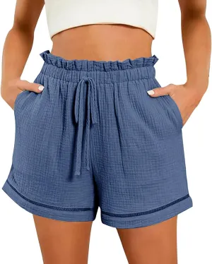 Womens Casual Shorts Elastic High Waisted Wide Leg Shorts 2024 Vacation Resort Beach Cruise Shorts with Pocket Summer