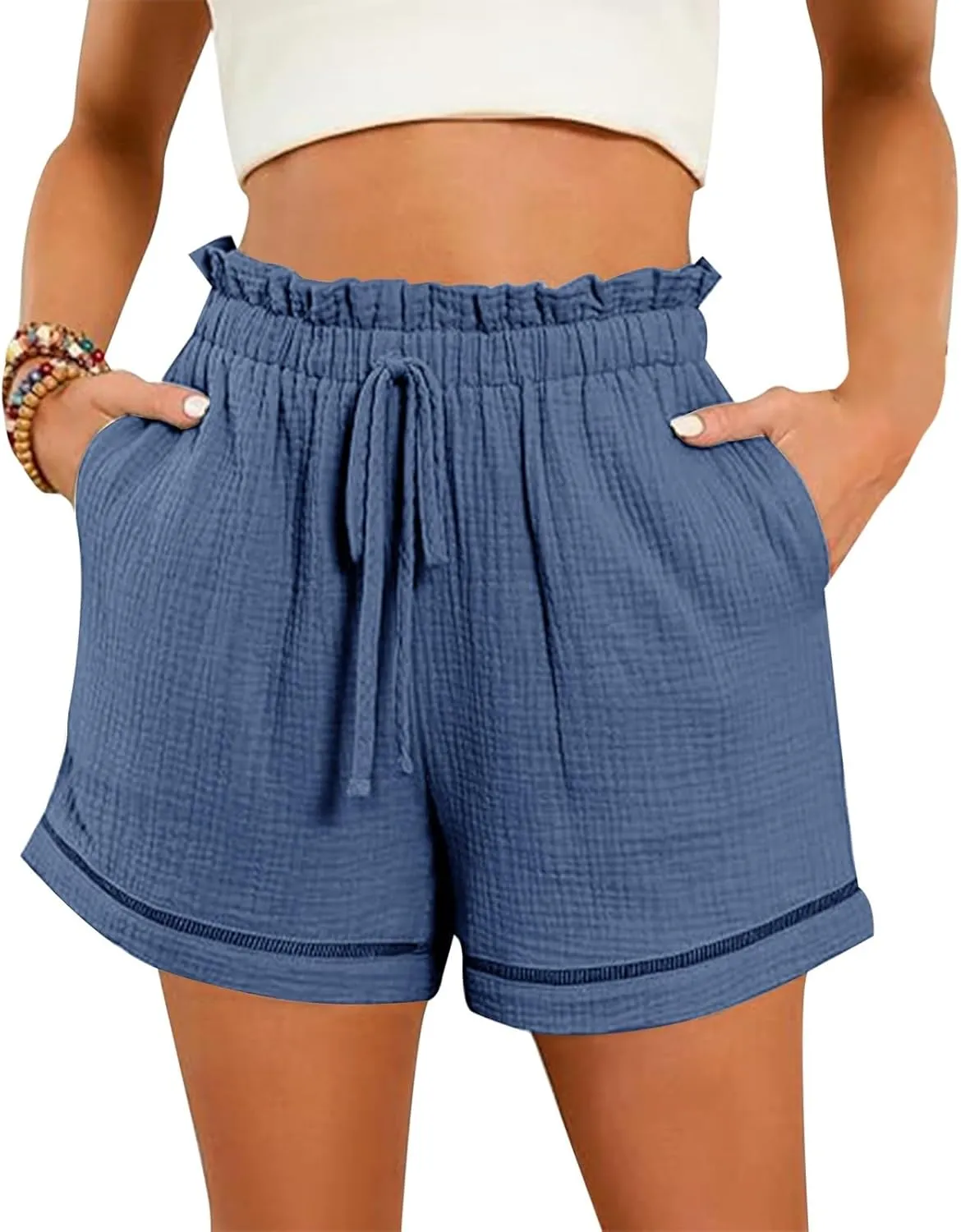 Womens Casual Shorts Elastic High Waisted Wide Leg Shorts 2024 Vacation Resort Beach Cruise Shorts with Pocket Summer
