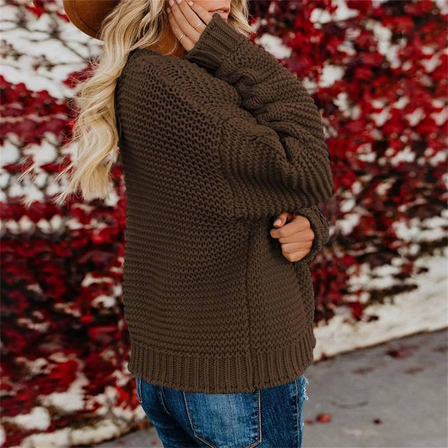 Womens Chunky Knit Cardigan Lightweight Fall Open Front Long Sleeve Loose Solid Color Casual Cardigan Sweaters