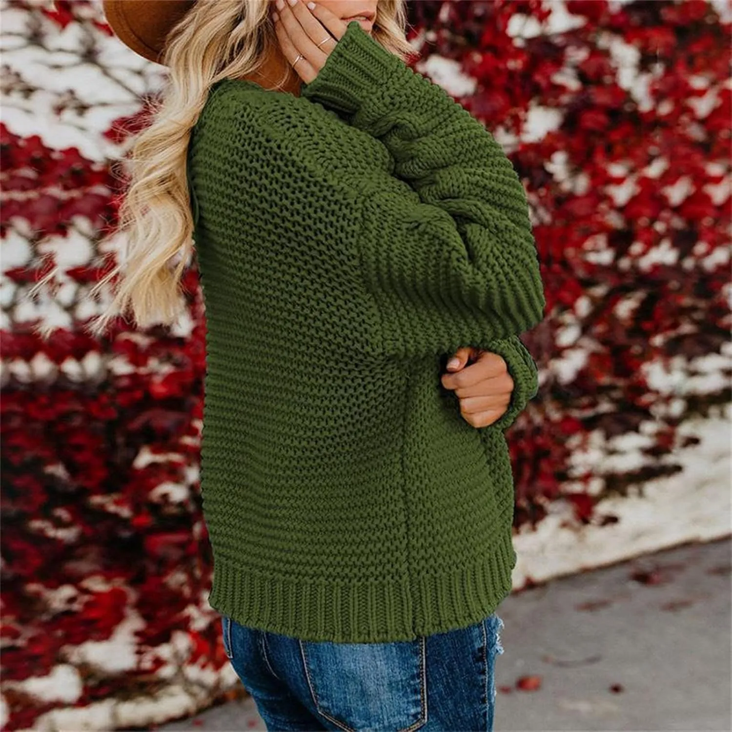 Womens Chunky Knit Cardigan Lightweight Fall Open Front Long Sleeve Loose Solid Color Casual Cardigan Sweaters