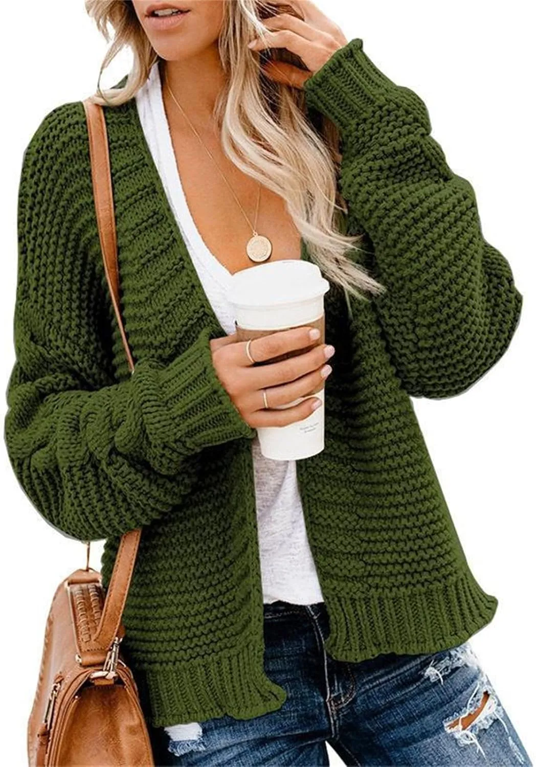 Womens Chunky Knit Cardigan Lightweight Fall Open Front Long Sleeve Loose Solid Color Casual Cardigan Sweaters