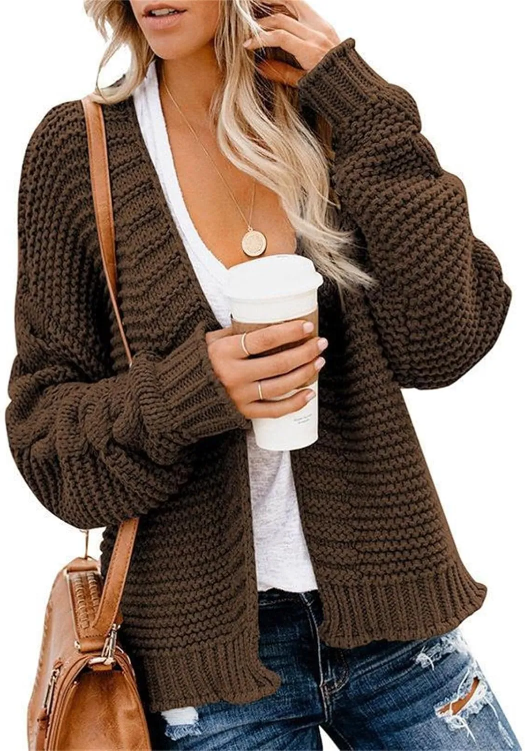 Womens Chunky Knit Cardigan Lightweight Fall Open Front Long Sleeve Loose Solid Color Casual Cardigan Sweaters