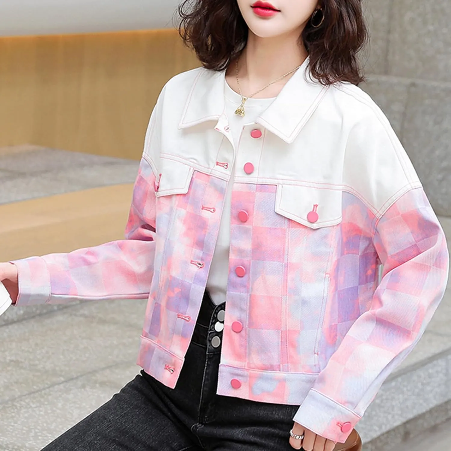 Women's Cropped Denim Jackets Checkerboard Long Sleeve Button Up Trendy Jean Jacket