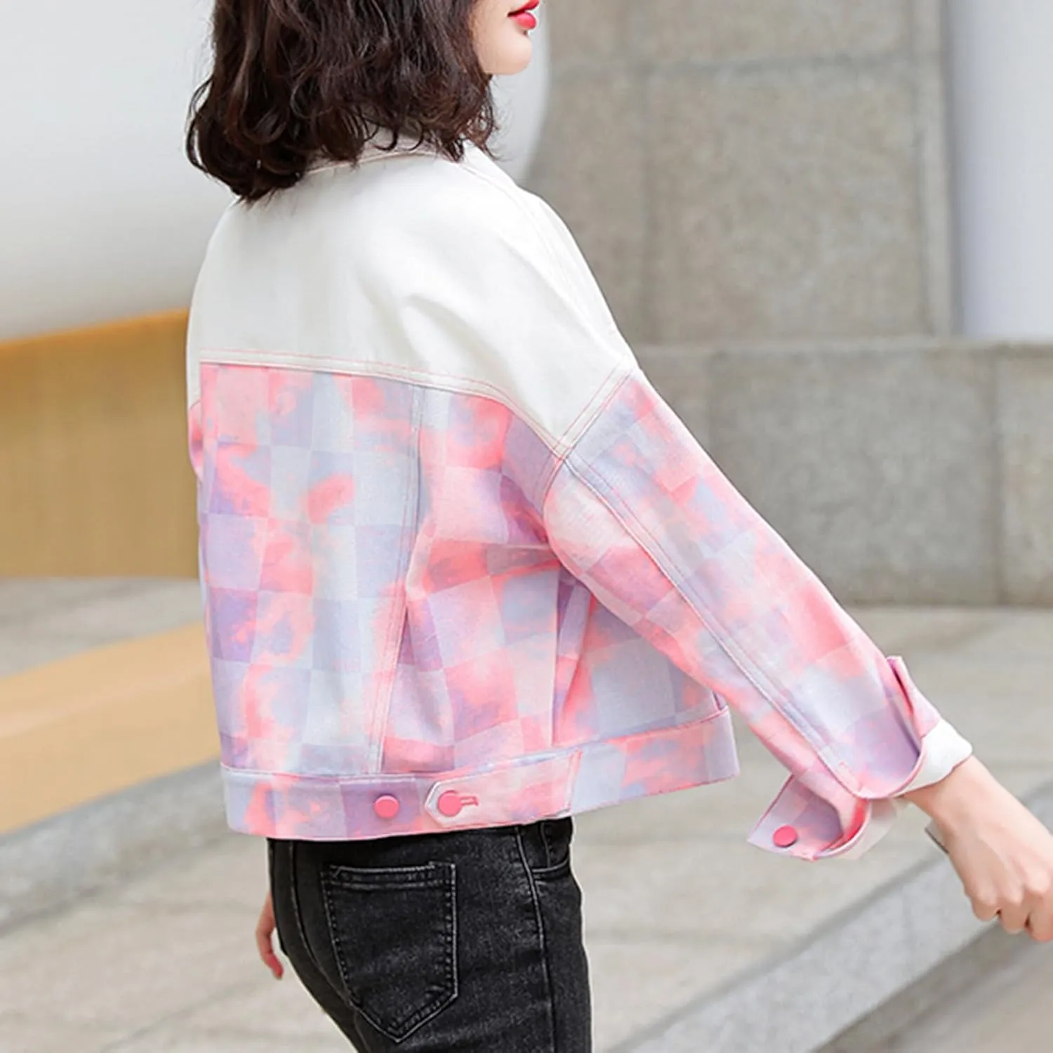 Women's Cropped Denim Jackets Checkerboard Long Sleeve Button Up Trendy Jean Jacket