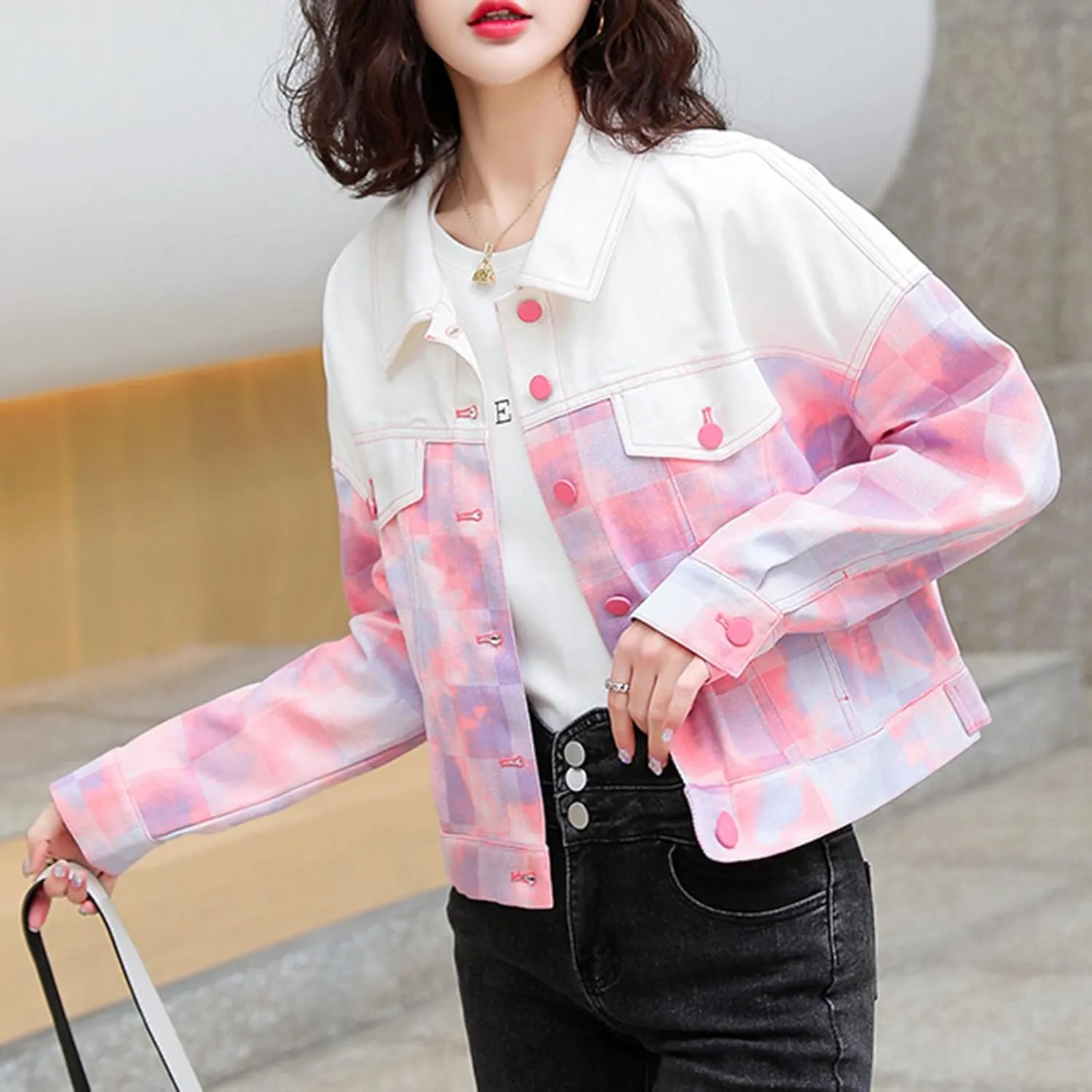 Women's Cropped Denim Jackets Checkerboard Long Sleeve Button Up Trendy Jean Jacket