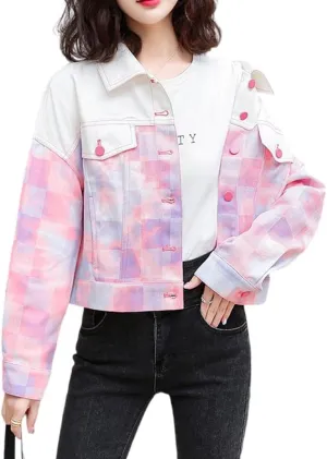 Women's Cropped Denim Jackets Checkerboard Long Sleeve Button Up Trendy Jean Jacket