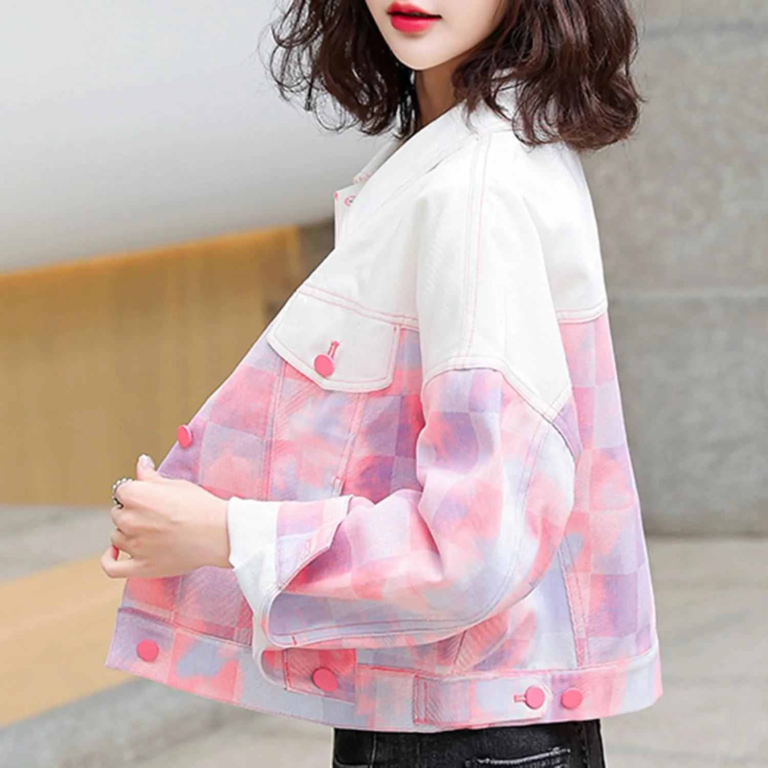 Women's Cropped Denim Jackets Checkerboard Long Sleeve Button Up Trendy Jean Jacket