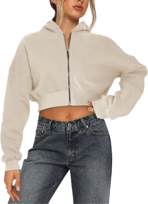 Women's Cropped Zip Up Hoodies Casual Long Sleeve Sweatshirt Pullover Tops