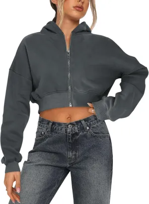 Women's Cropped Zip Up Hoodies Casual Long Sleeve Sweatshirt Pullover Tops