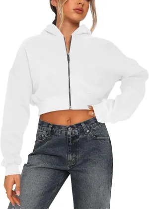 Women's Cropped Zip Up Hoodies Casual Long Sleeve Sweatshirt Pullover Tops