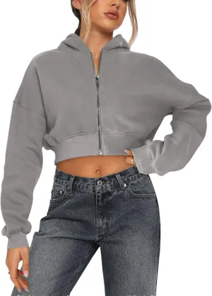 Women's Cropped Zip Up Hoodies Casual Long Sleeve Sweatshirt Pullover Tops