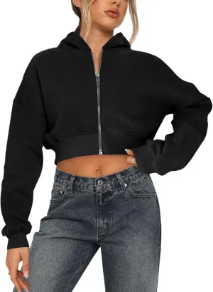 Women's Cropped Zip Up Hoodies Casual Long Sleeve Sweatshirt Pullover Tops