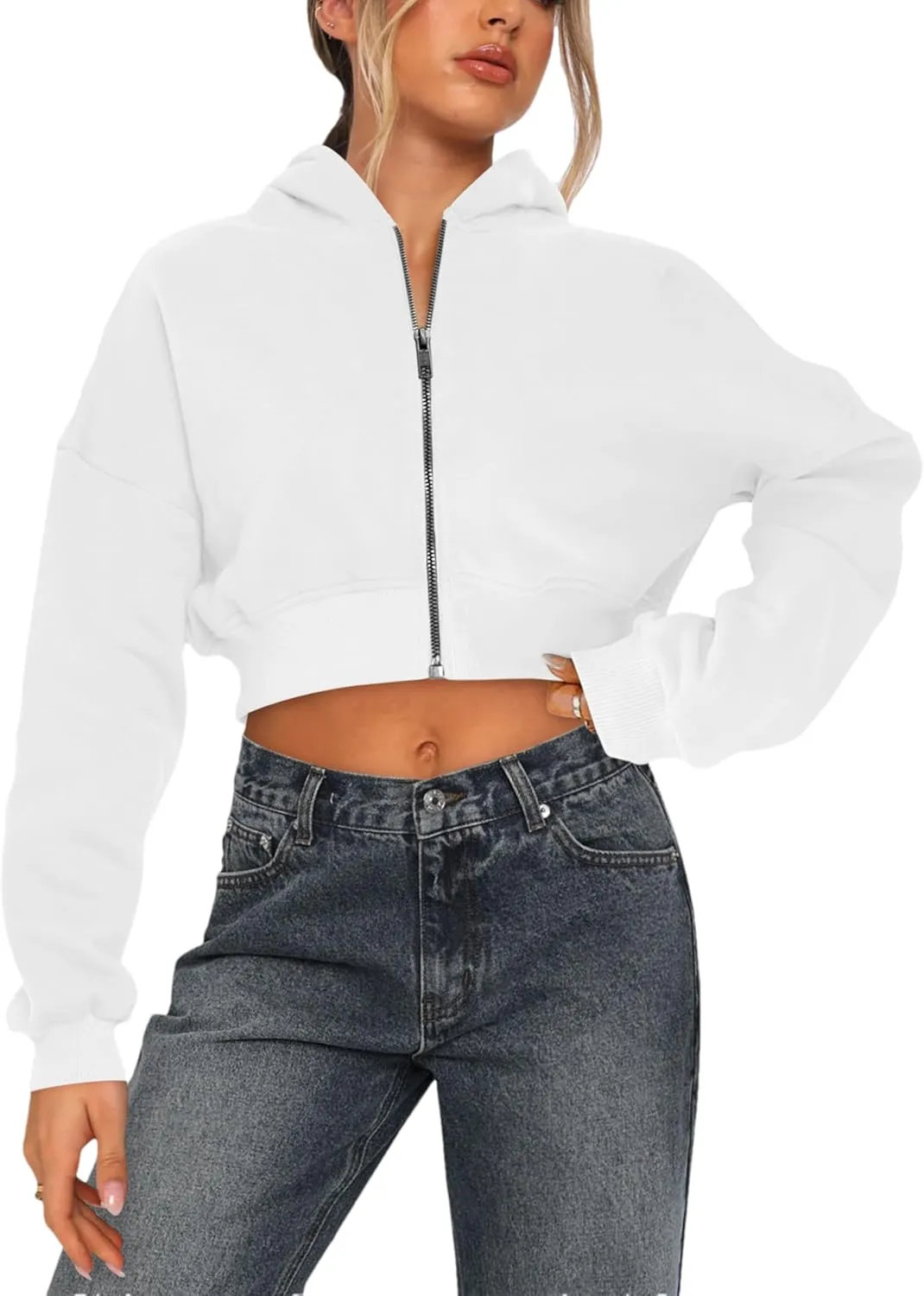 Women's Cropped Zip Up Hoodies Casual Long Sleeve Sweatshirt Pullover Tops