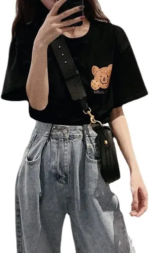Womens Fairycore Cute Bear Graphic Print Short Sleeve Tops Crewneck Y2K Tee Oversized Aesthetic Streetwear