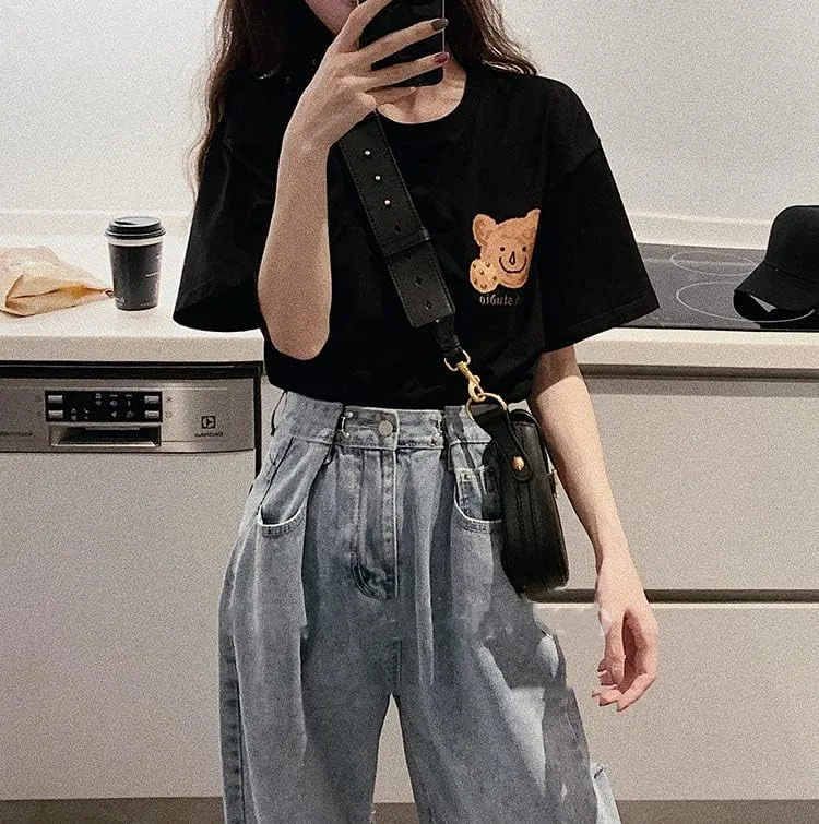 Womens Fairycore Cute Bear Graphic Print Short Sleeve Tops Crewneck Y2K Tee Oversized Aesthetic Streetwear