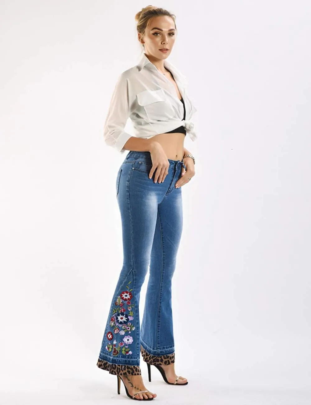 Women's Floral Embroidered Flare Bell Bottom Jeans,Vintage-Inspired Retro Denim Pants