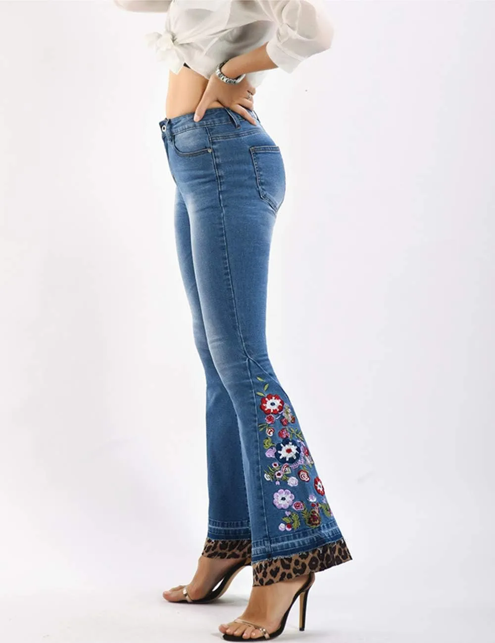 Women's Floral Embroidered Flare Bell Bottom Jeans,Vintage-Inspired Retro Denim Pants