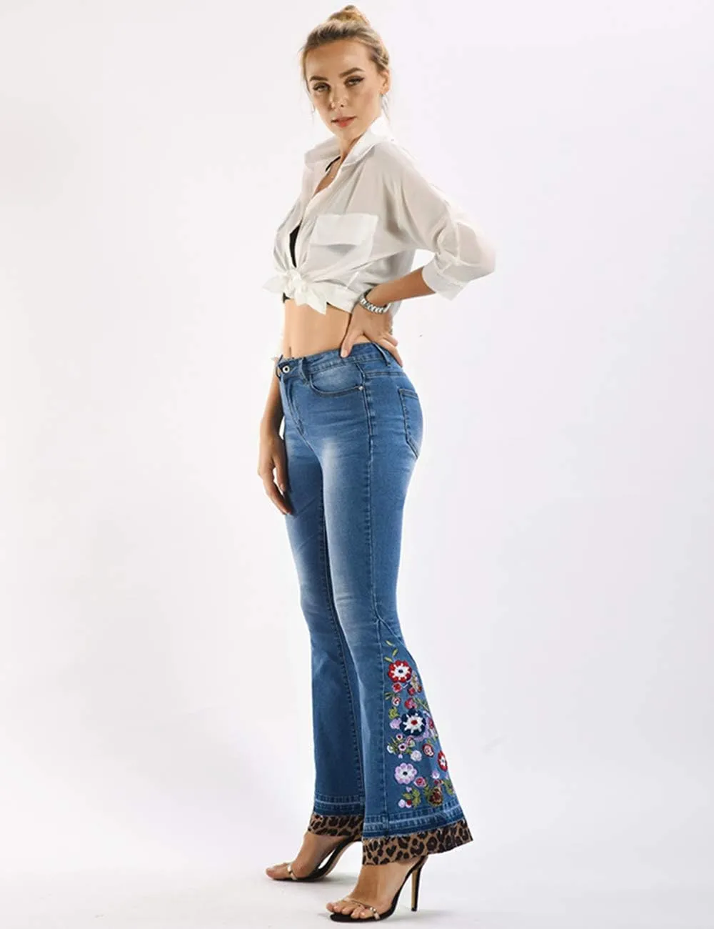 Women's Floral Embroidered Flare Bell Bottom Jeans,Vintage-Inspired Retro Denim Pants