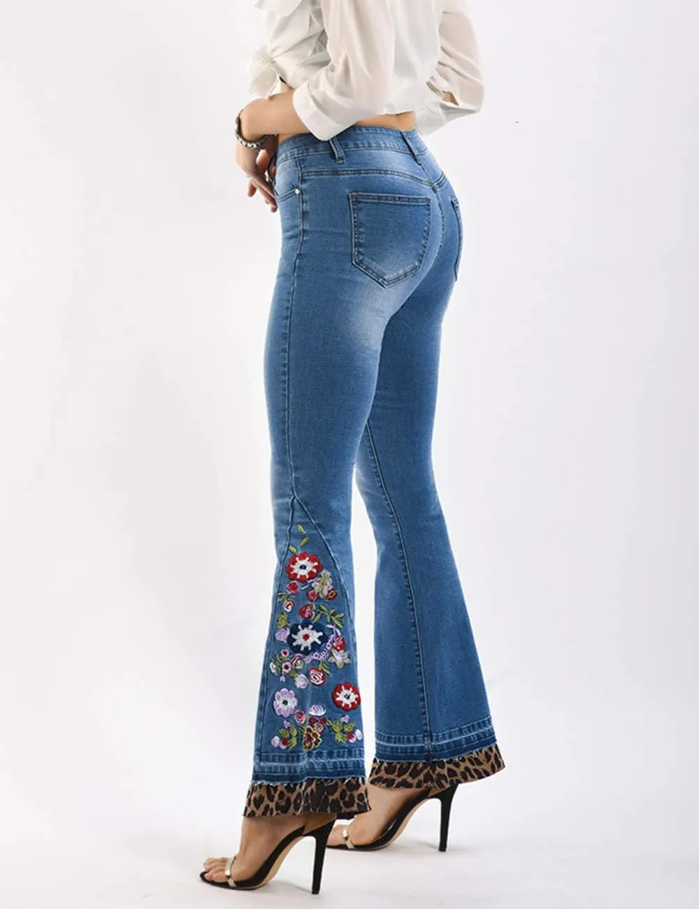 Women's Floral Embroidered Flare Bell Bottom Jeans,Vintage-Inspired Retro Denim Pants