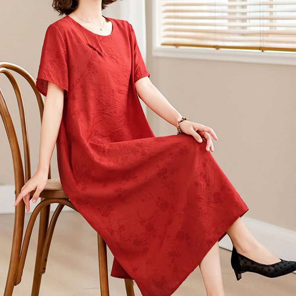 Womens Flowy Floral Crewneck Midi Dress Elegant Shift Dress Cheongsam Dress Summer Maternity Wedding Guest Vacation Dresses
