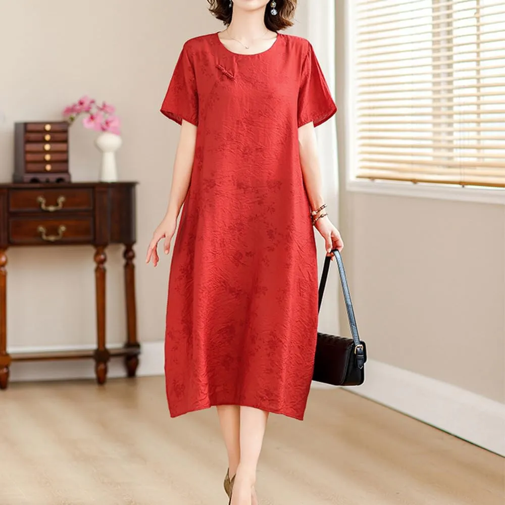 Womens Flowy Floral Crewneck Midi Dress Elegant Shift Dress Cheongsam Dress Summer Maternity Wedding Guest Vacation Dresses