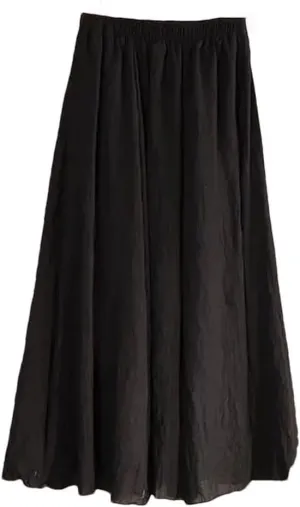 Women's High Waist Elastic Waist Linen Pleated Long Skirts Slim Casual Skirt