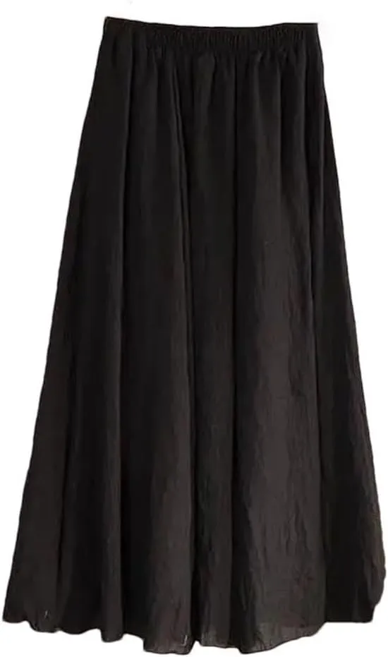 Women's High Waist Elastic Waist Linen Pleated Long Skirts Slim Casual Skirt