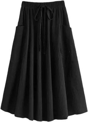 Women's High Waist Pleated Midi Skirt with Pocket Korean Fashion A Line Slim Skirt