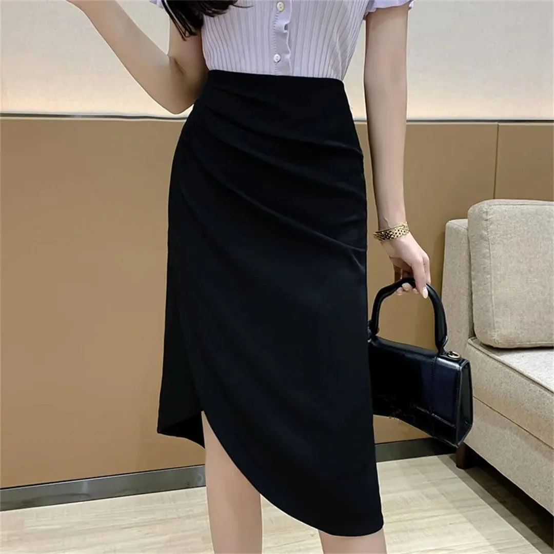 Women's High Waist Pleated Solid Casual Mid Length Knee Length Skirt