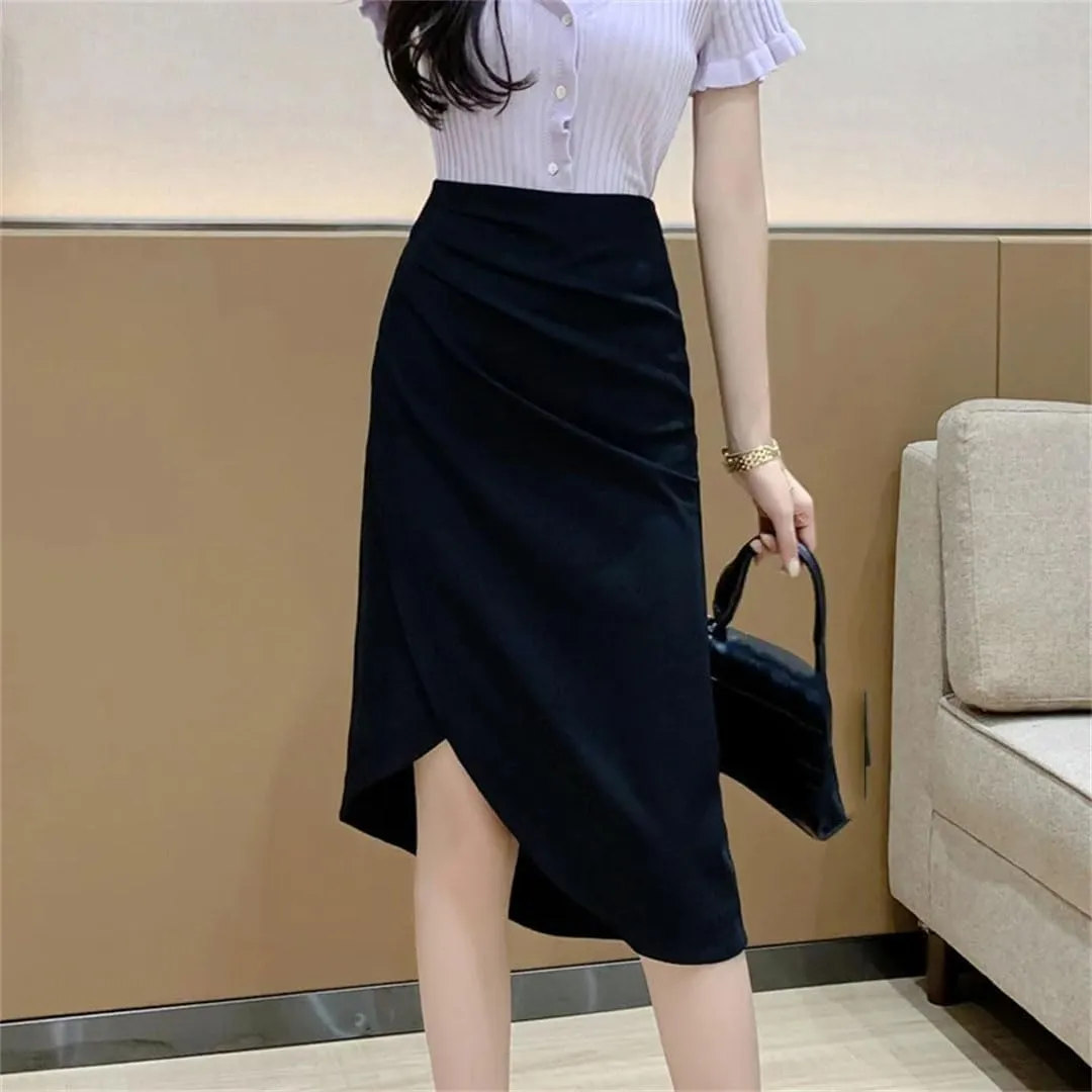 Women's High Waist Pleated Solid Casual Mid Length Knee Length Skirt