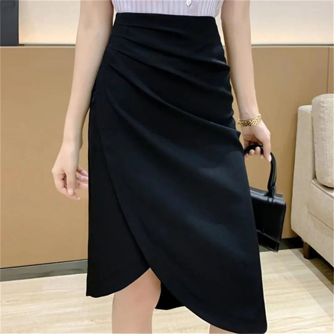 Women's High Waist Pleated Solid Casual Mid Length Knee Length Skirt