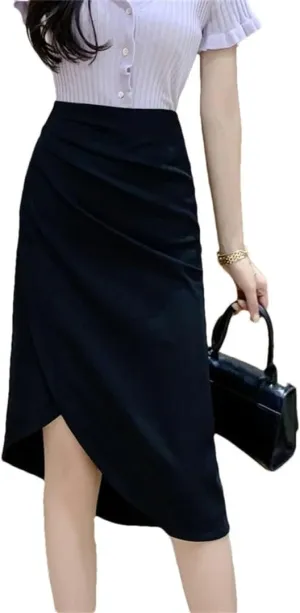 Women's High Waist Pleated Solid Casual Mid Length Knee Length Skirt