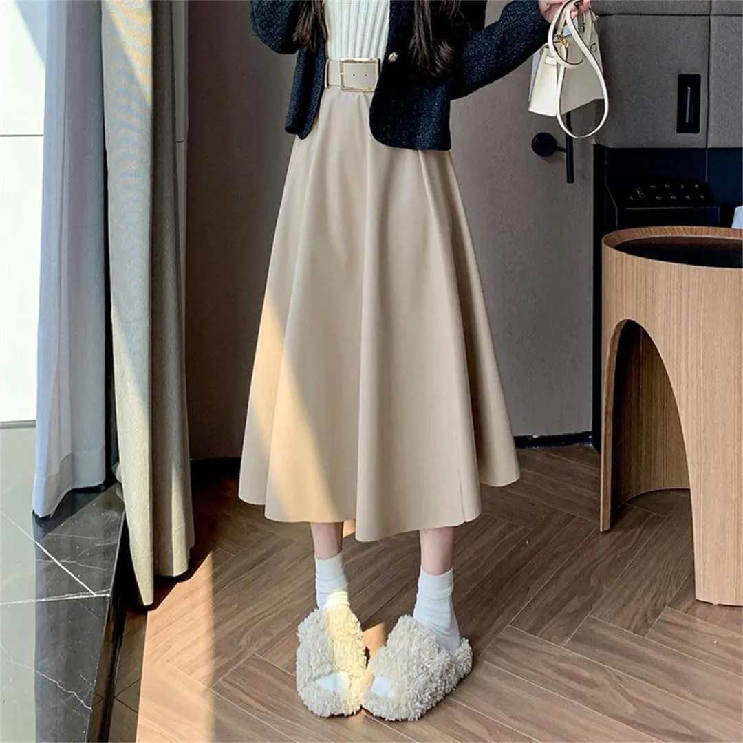 Women's High Waist Umbrella Solid Color Office Lady Pleated Casual Long Skirts