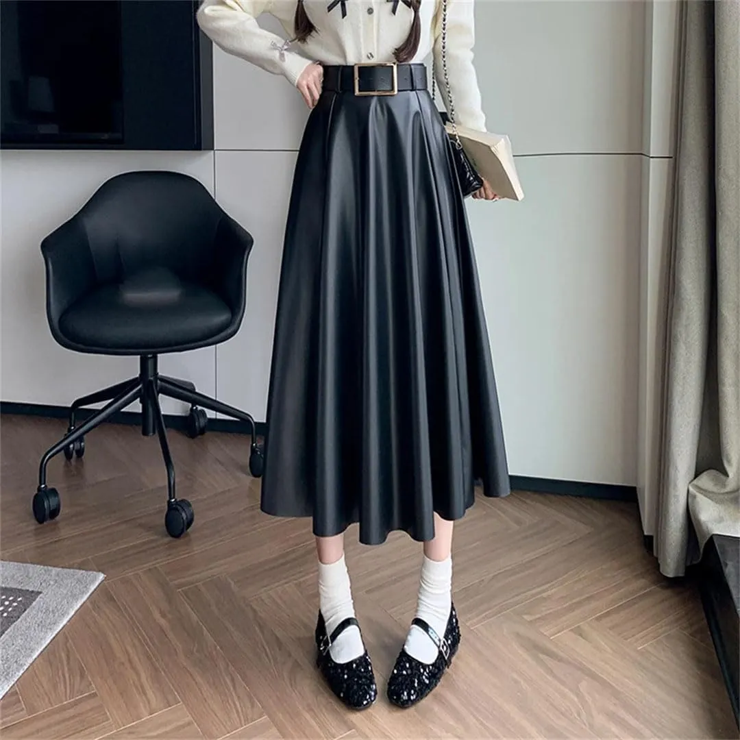 Women's High Waist Umbrella Solid Color Office Lady Pleated Casual Long Skirts