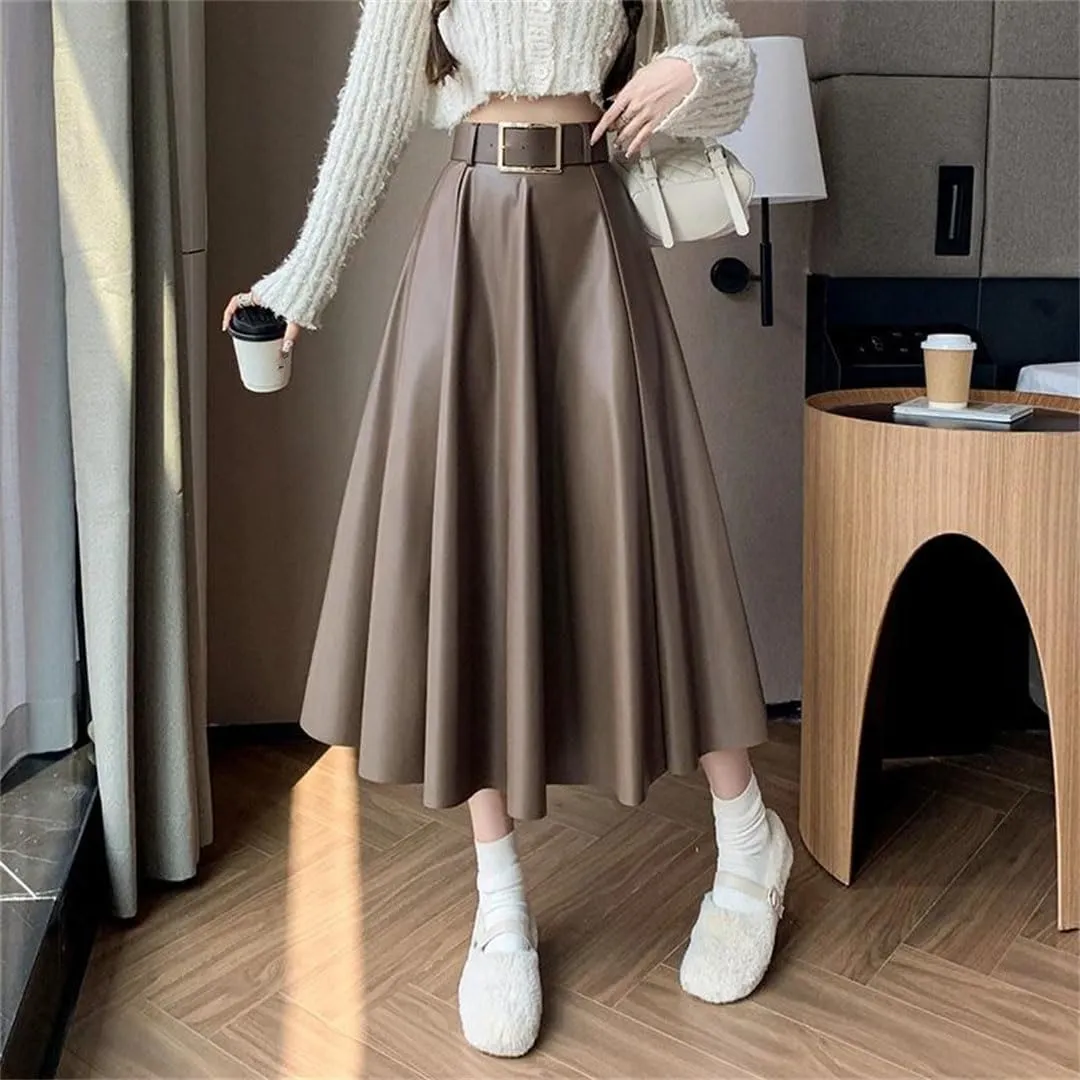 Women's High Waist Umbrella Solid Color Office Lady Pleated Casual Long Skirts