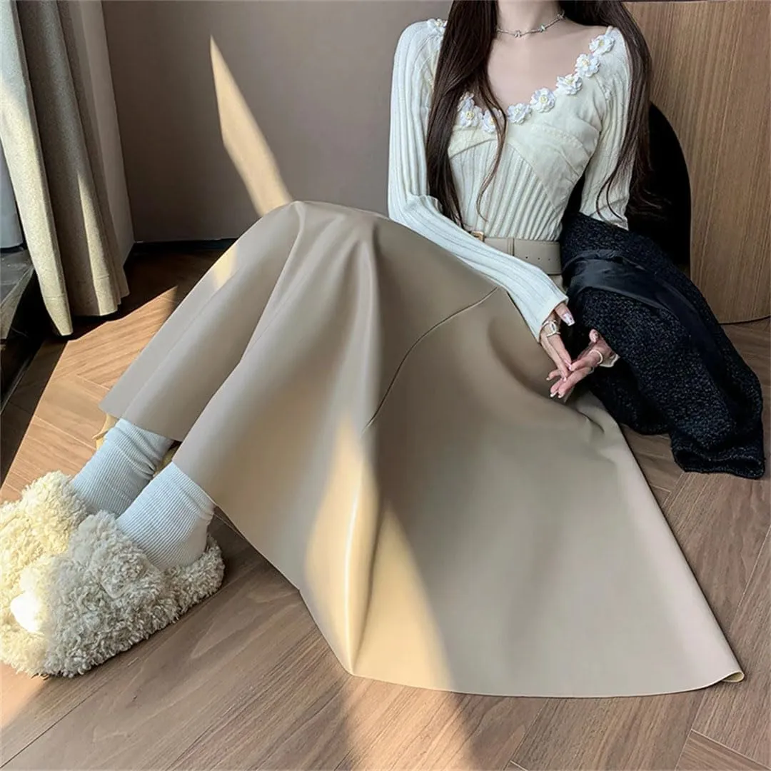 Women's High Waist Umbrella Solid Color Office Lady Pleated Casual Long Skirts